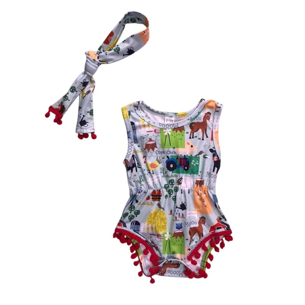 Boutique Farm Animal Bubble Romper Kids 0-3M Blue Pom Pom Trim Headband Set